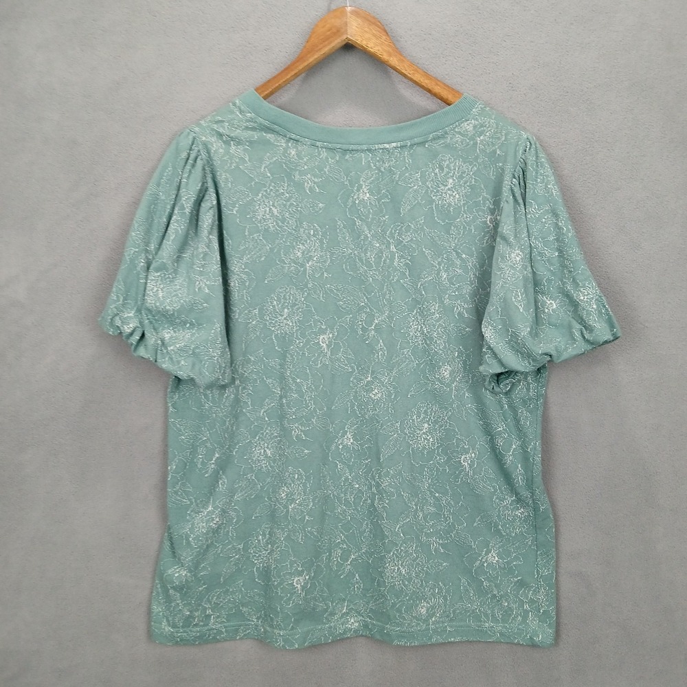 Jane + Delancey Blouse Top Womens Large Green Floral Textured Cotton Puff Sleeve - Picture 2 of 8